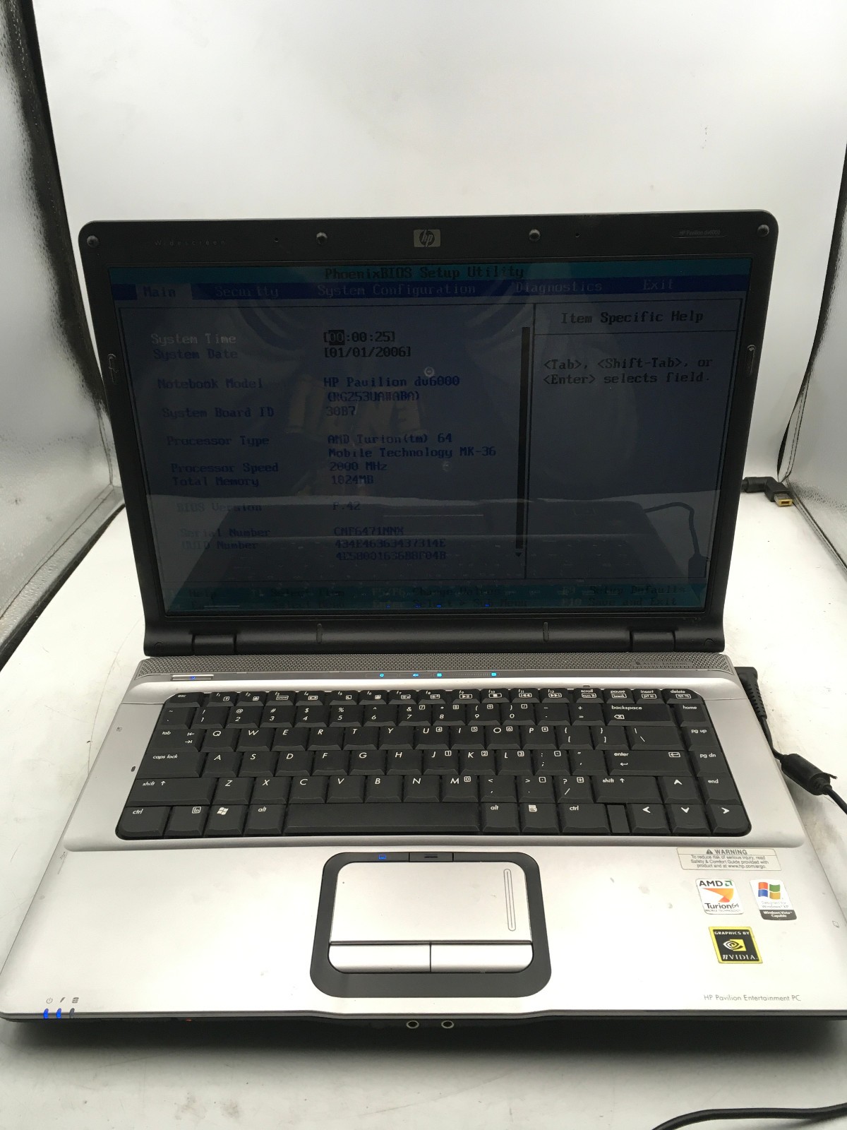 HP PAVILION DV6000 - BOOTS TO BIOS - AMD TURION 64 - 1GB RAM - READ DESC - BB
