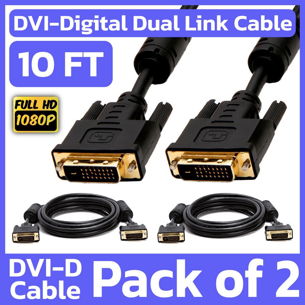 2 Pack 10 Feet DVI Cable DVI-D Dual-Link Male to Male Cord Digital Monitor Cable