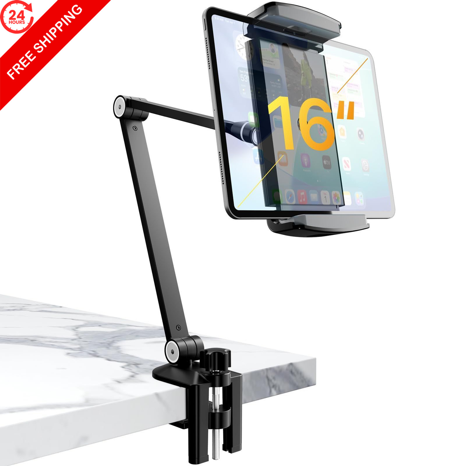 iPad Stand, Tablet Stand 360° Swivel, Aluminum Desk Mount 6.3-16", Black