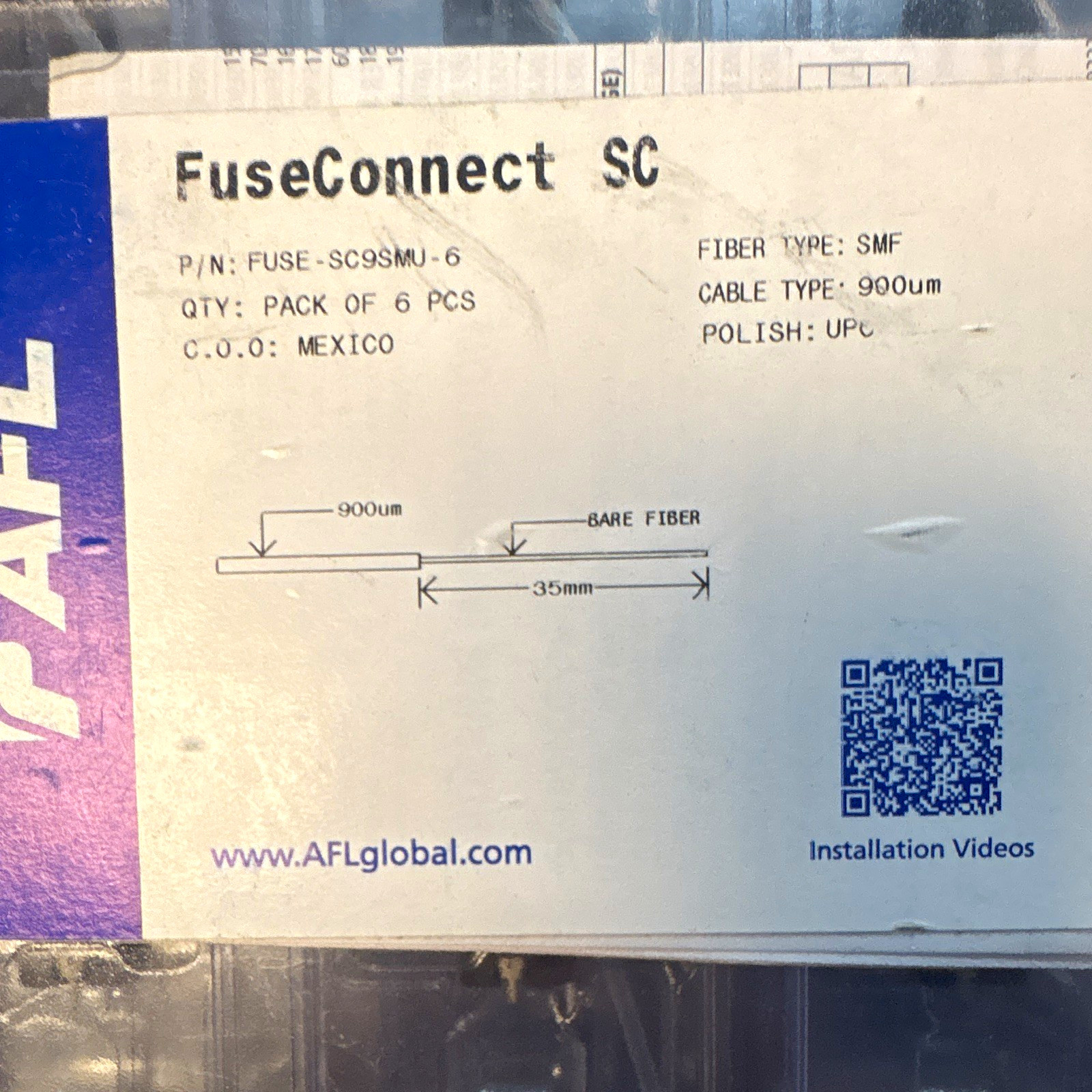 AFL FuseConnect SC Single-Mode UPC 900um 35mm Bare Fiber Connectors 6-Pack