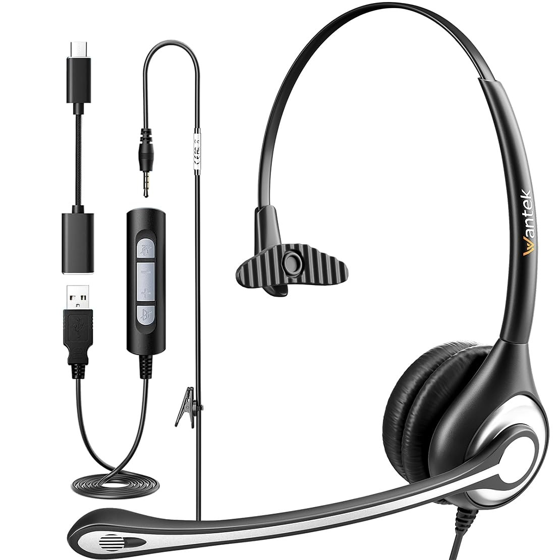 Wantek USB Computer Headset with Microphone for Laptop 600SC, Dark Black