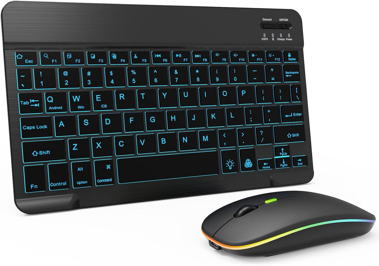 7 Color Backlit Bluetooth Keyboard Mouse Combo for iPad Android Tablet Black