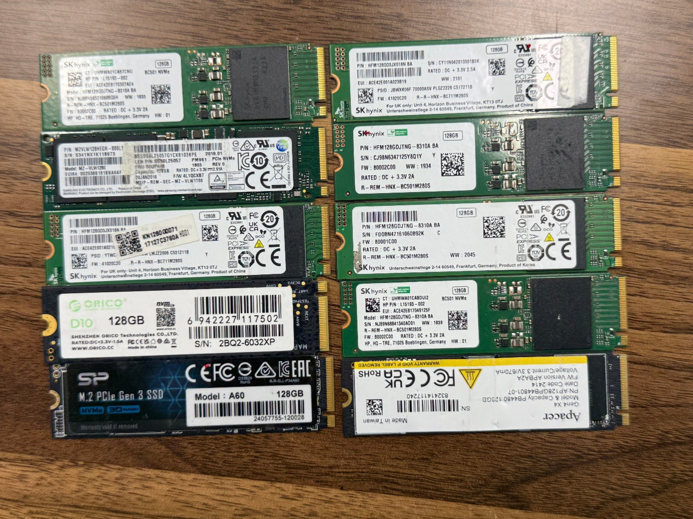 Lot of 10x 128GB M.2 NVMe 128GB SSDs - Single Cut M-Key - Mixed Major Brands