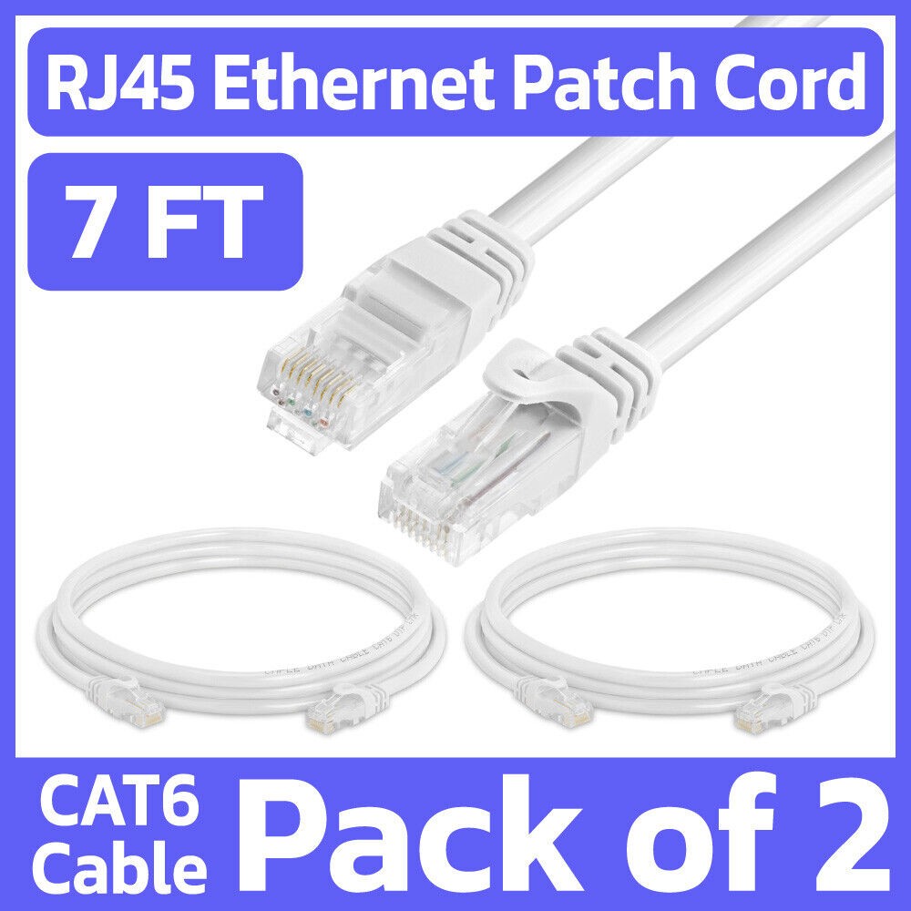 2 Pack White Cat6 Cable 7ft LAN Internet Patch Cord Ethernet Cable Network RJ45