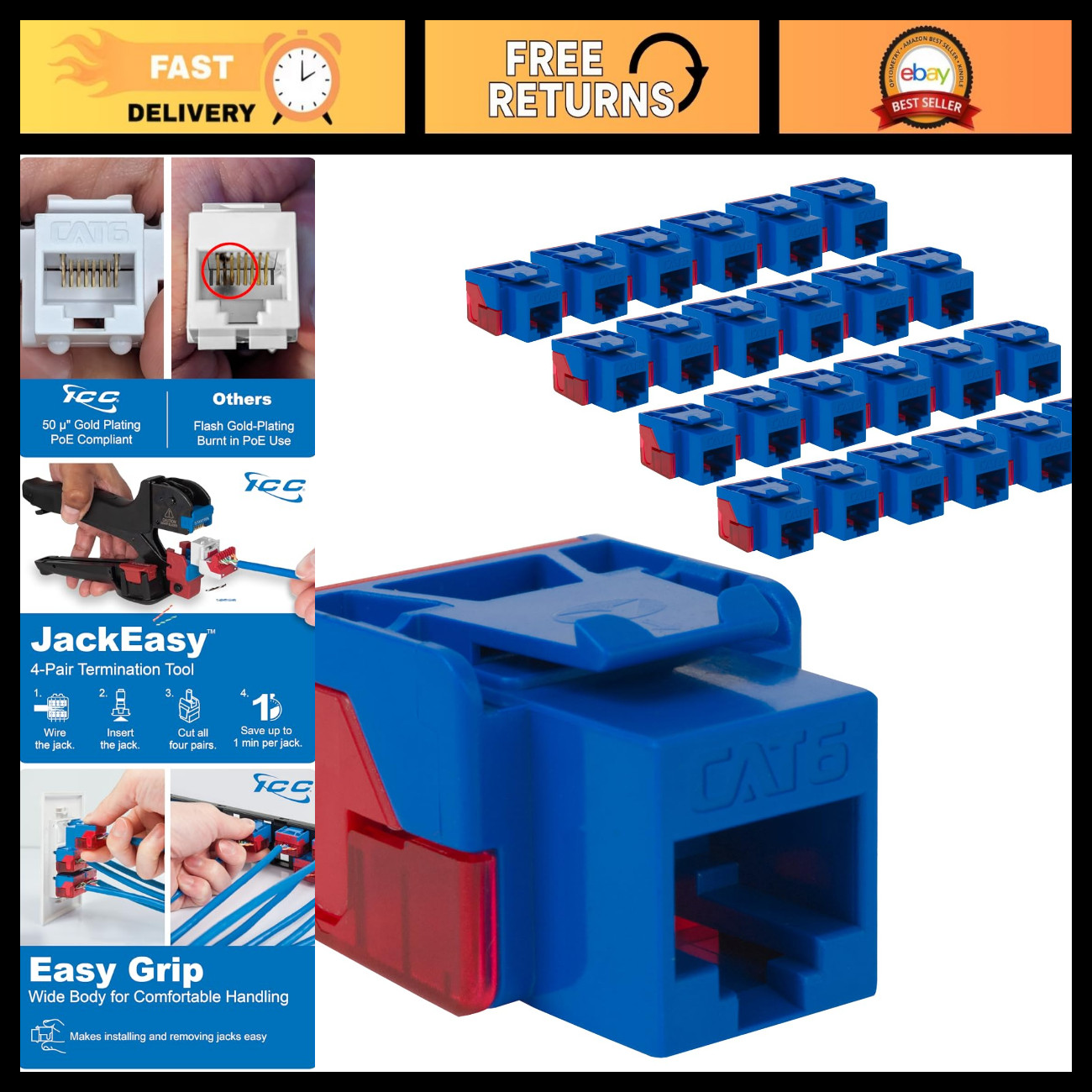 CAT6 RJ45 Keystone Jack Inline IDC No Pair Split, Blue - 25 Pack Networking Tool