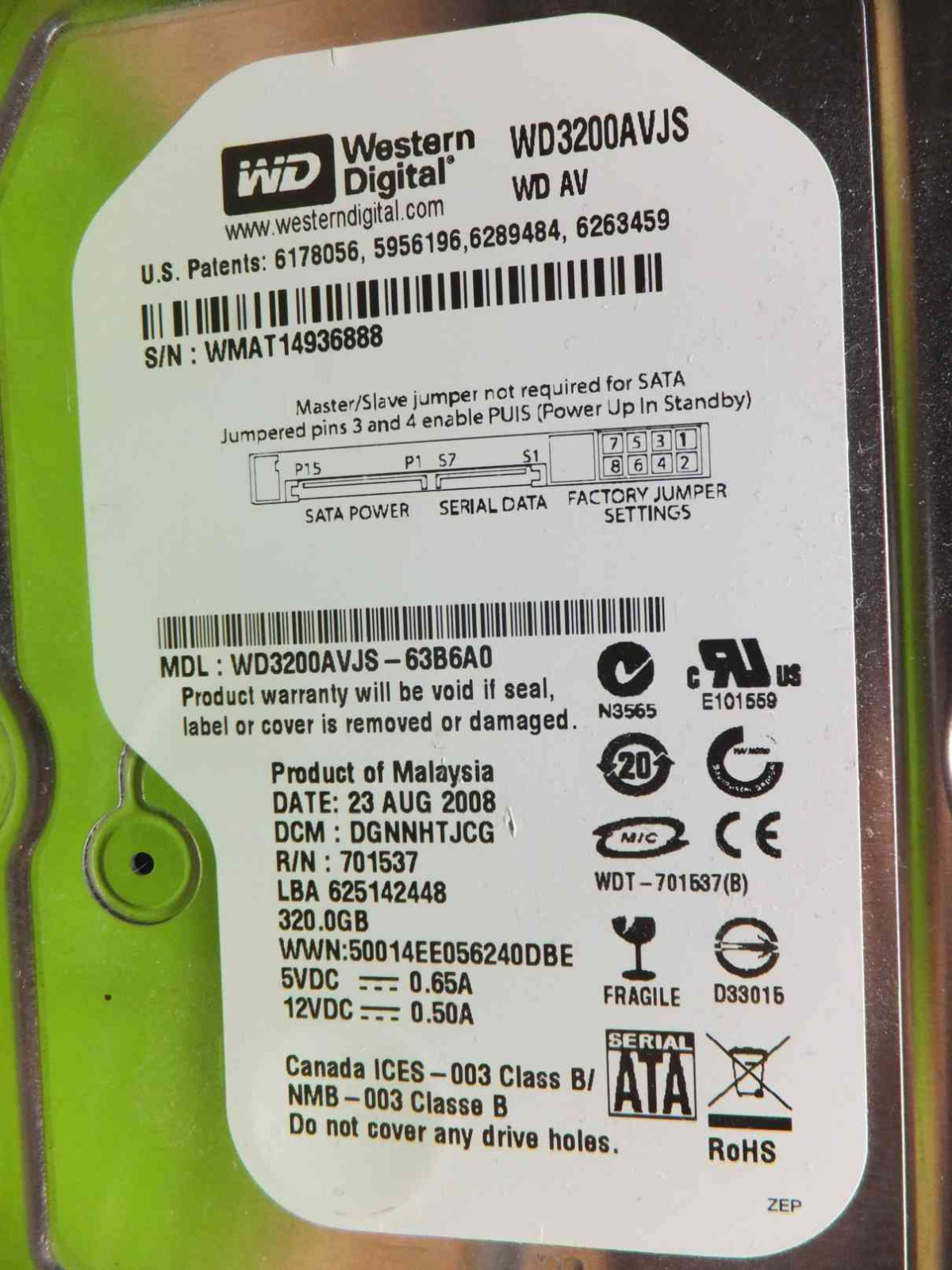 Western Digital 320GB WD3200AVJS-63B6A0 DCM:DGNNHTJCG | 23AUG2008