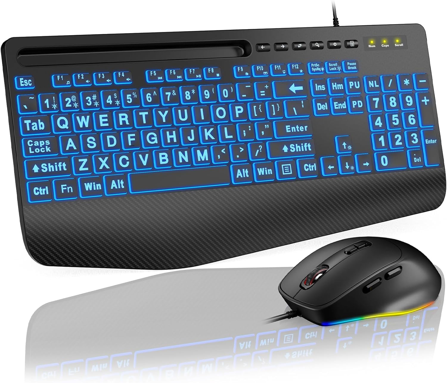 Km21Pro Wired Keyboard Mouse Combo - Large Print Backlit, Ergonomic Wrist Rest,