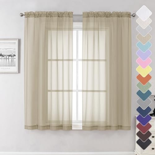  Taupe Sheer Curtains 63 Inch Length 2 Panels, Airy & Breathable Solid Voile 