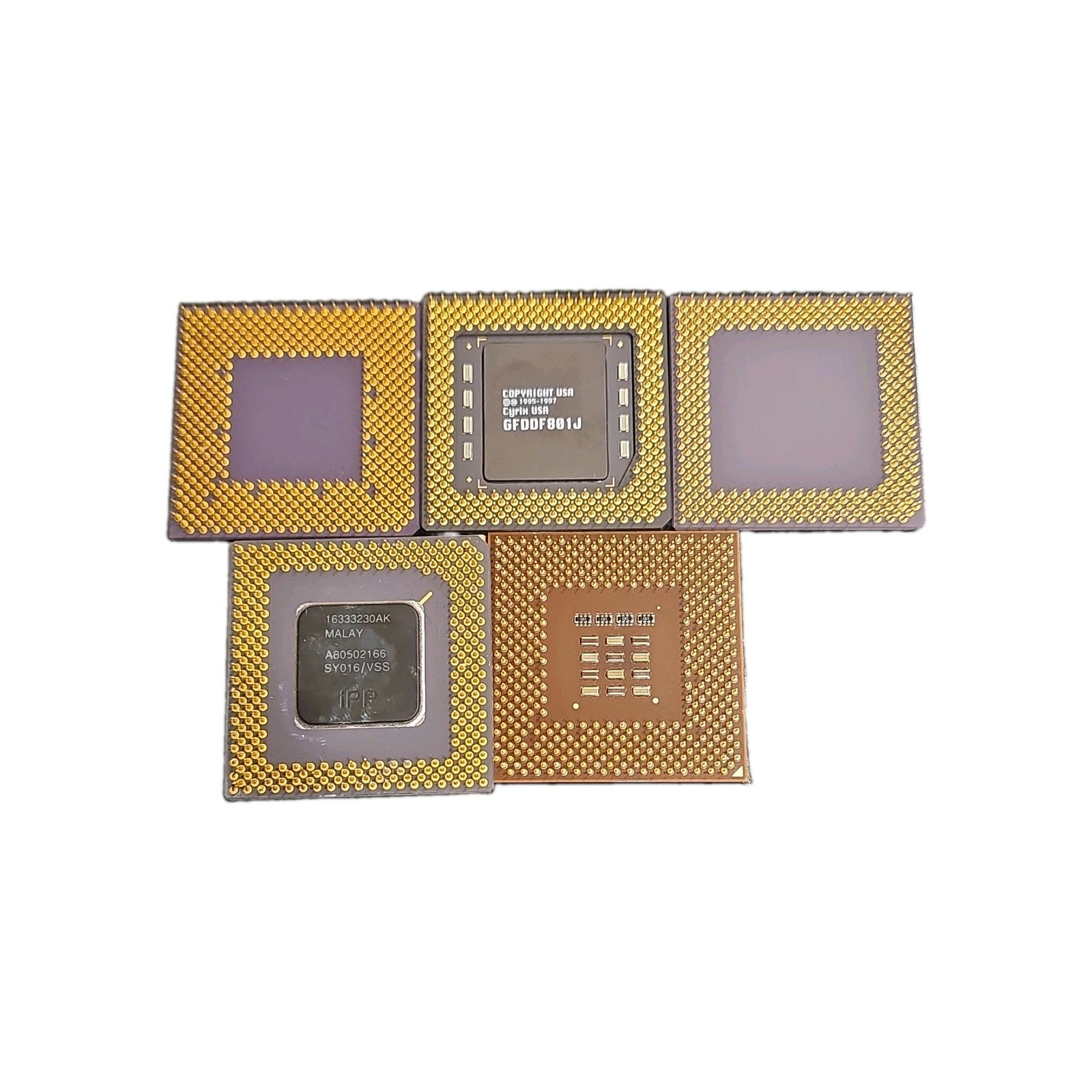Lot Of 5 High Yeild Ceramic GOLD bearing Processors. CYRIX AMD INTELL Gold Cap