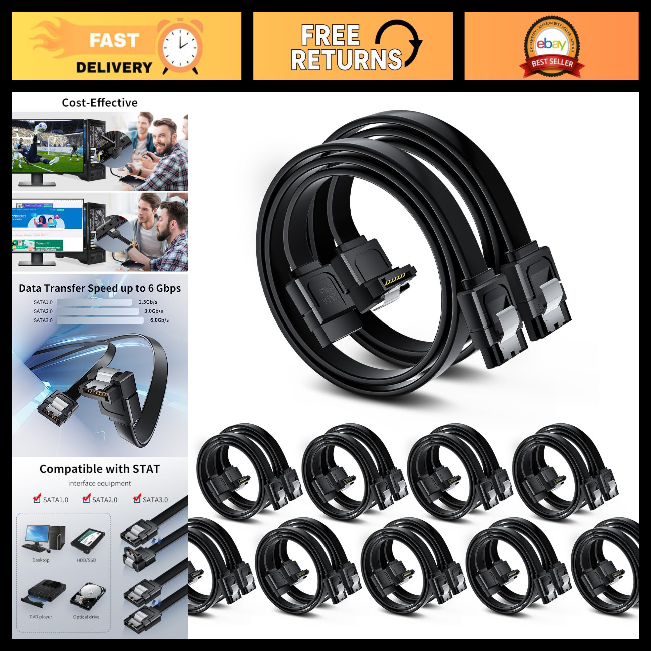 20-Pack SATA III Cable Set - 10 Straight & 10 Right Angle Connectors, Fast Data