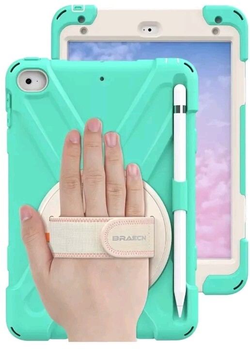 Tough Kids iPad Case, 5th Gen- Rotating W/Hand Strap & Stylus Holder- Mint Green