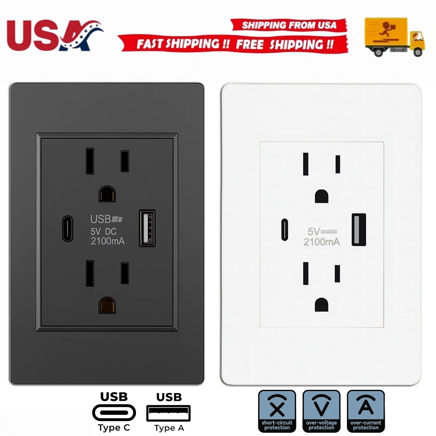 Dual Wall Outlet with USB Ports Charger AC Power Receptacle Plate Panel 15A 120V