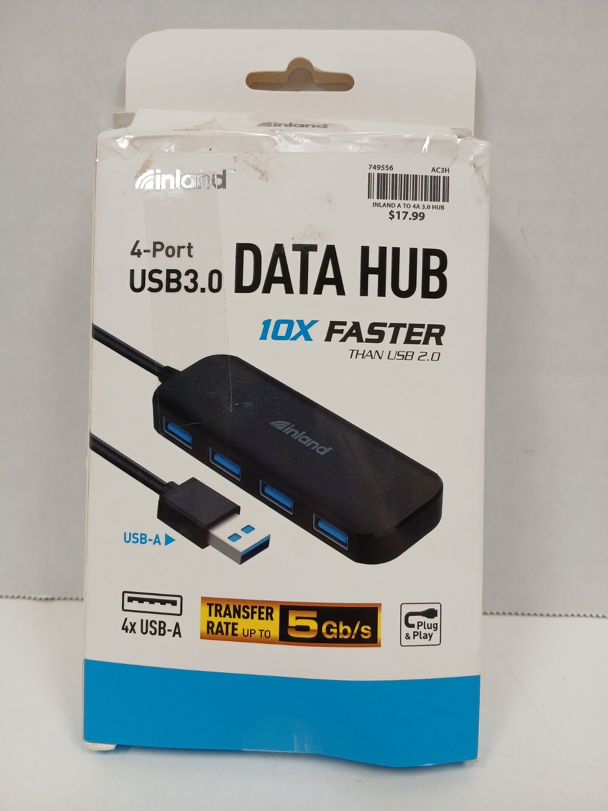 Inland 4 Port USB 3.0 Data Hub 5gb/s Transfer Rate