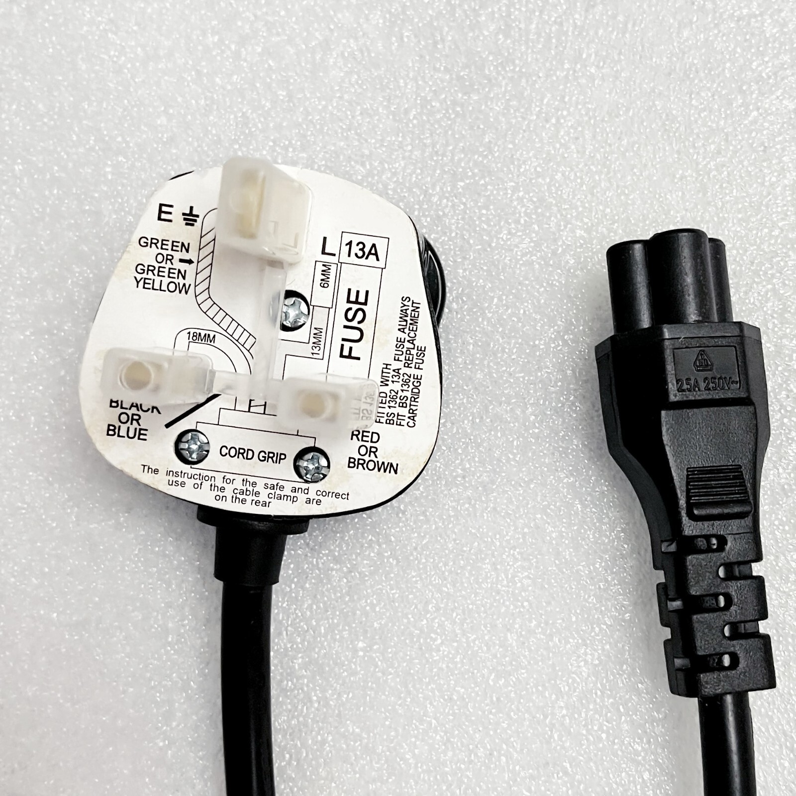 13A 250V~ GB UK AC power cord Plug wire cable to 3pin 2.5A 250V~ connector