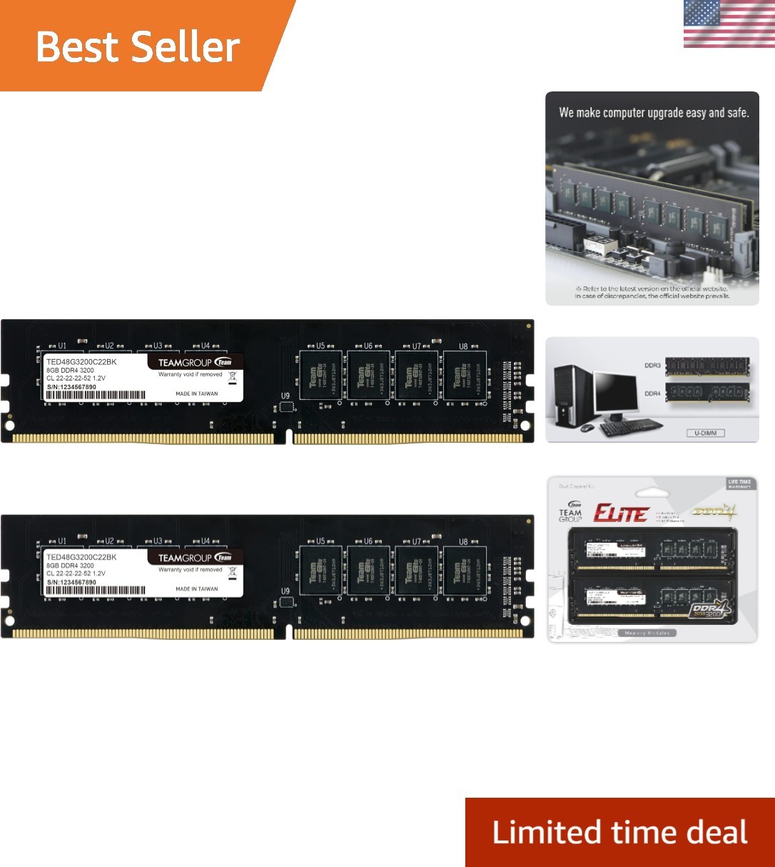 Elite 16GB Kit 2 x 8GB 3200MHz PC4-25600 CL22 Unbuffered Non-ECC 1.2V UDIMM 2...