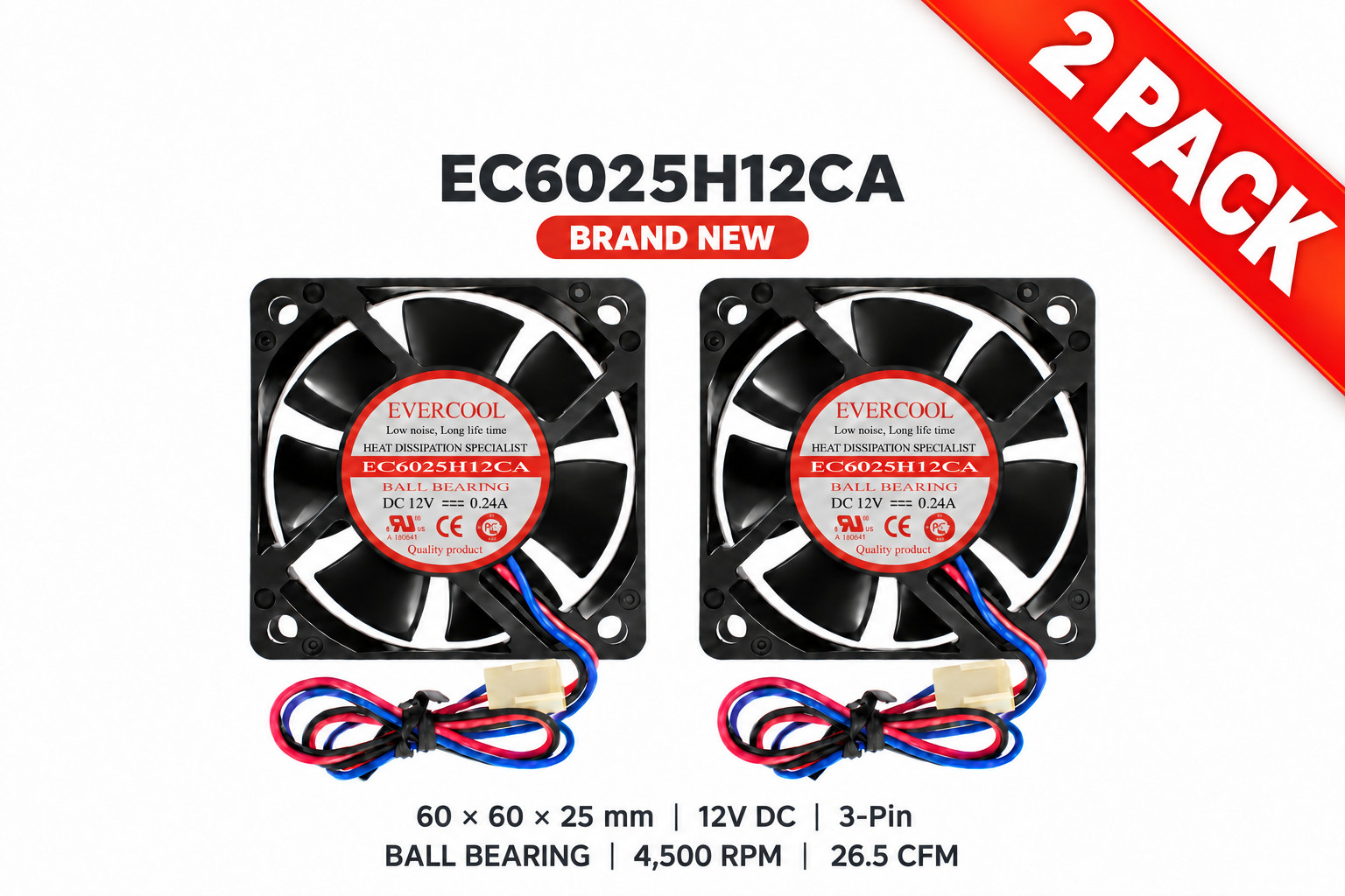 2-Pack EVERCOOL EC6025H12CA 60x60x25mm 12V 3-Pin High Speed Cooling Fan
