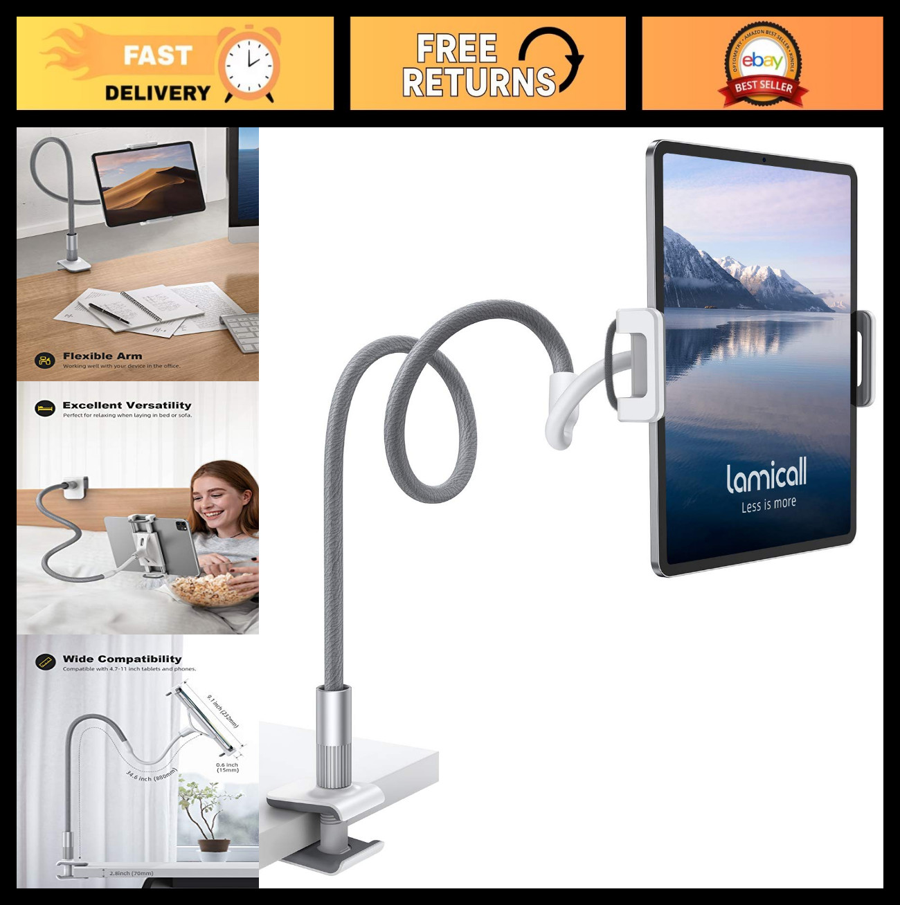Flexible Gooseneck Tablet Holder Stand - Adjustable Clip Mount for iPad, Kindle,