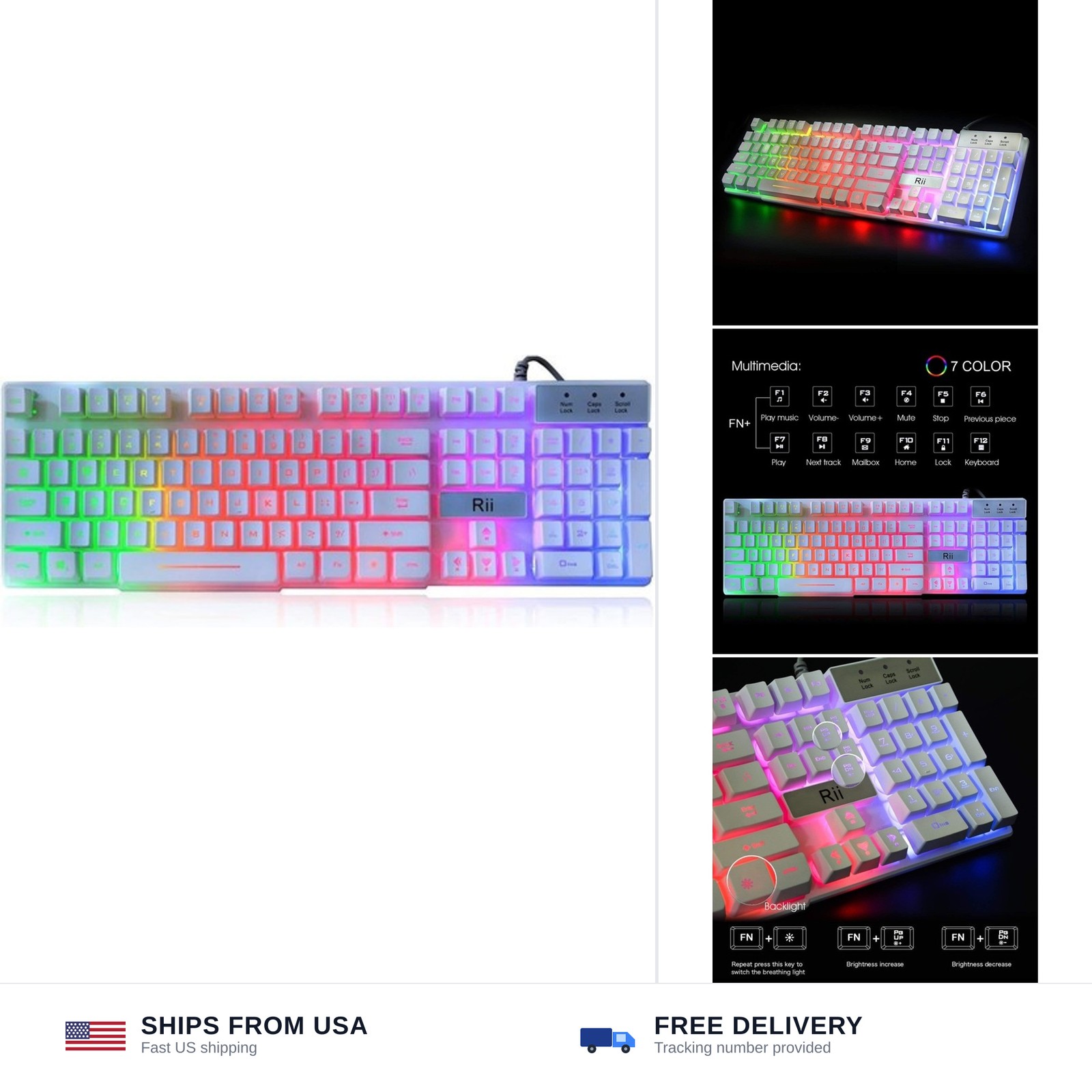 Rii RK100+ White Gaming Keyboard,USB Wired Multiple Colors Rainbow LED Backli...