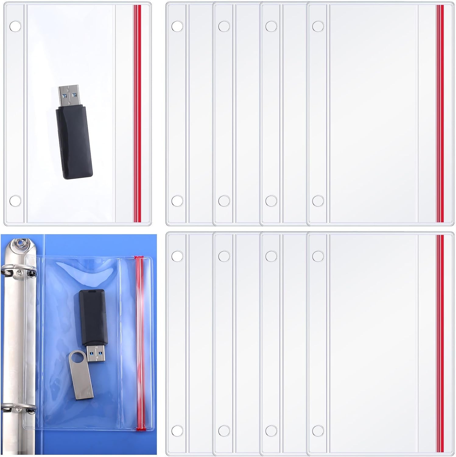 10 Pack Flash Drive Holder for 3 Ring Binders Clear Flash Drive Zipper Case Bulk