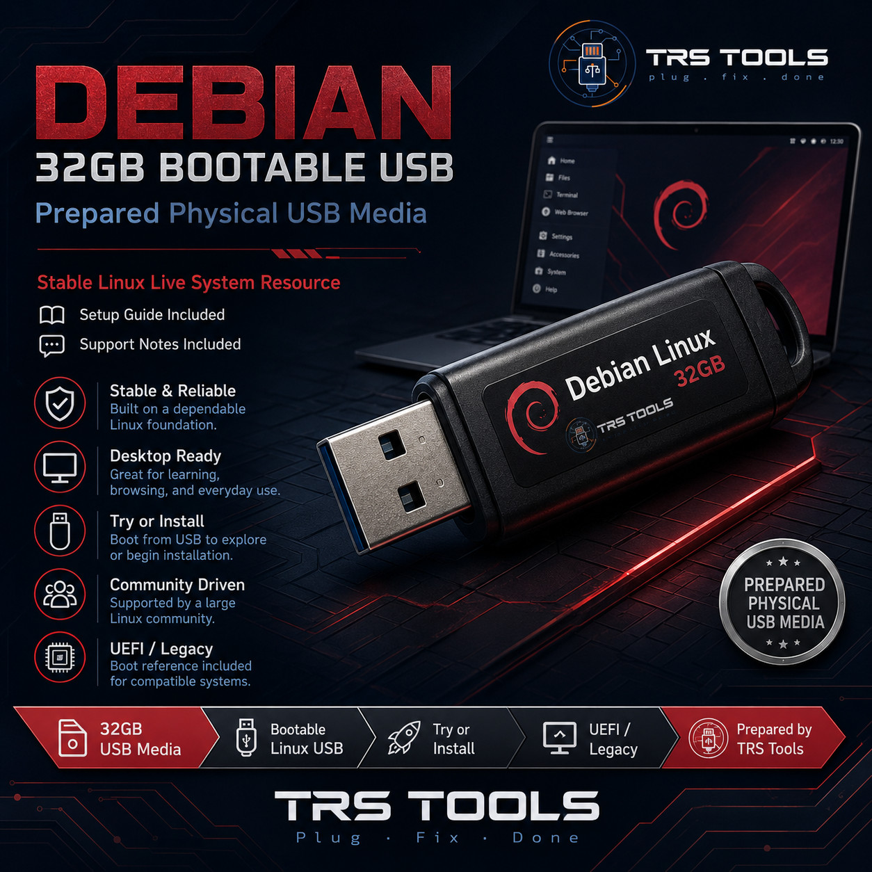 Debian Linux Bootable USB 32GB Prepared Physical Media