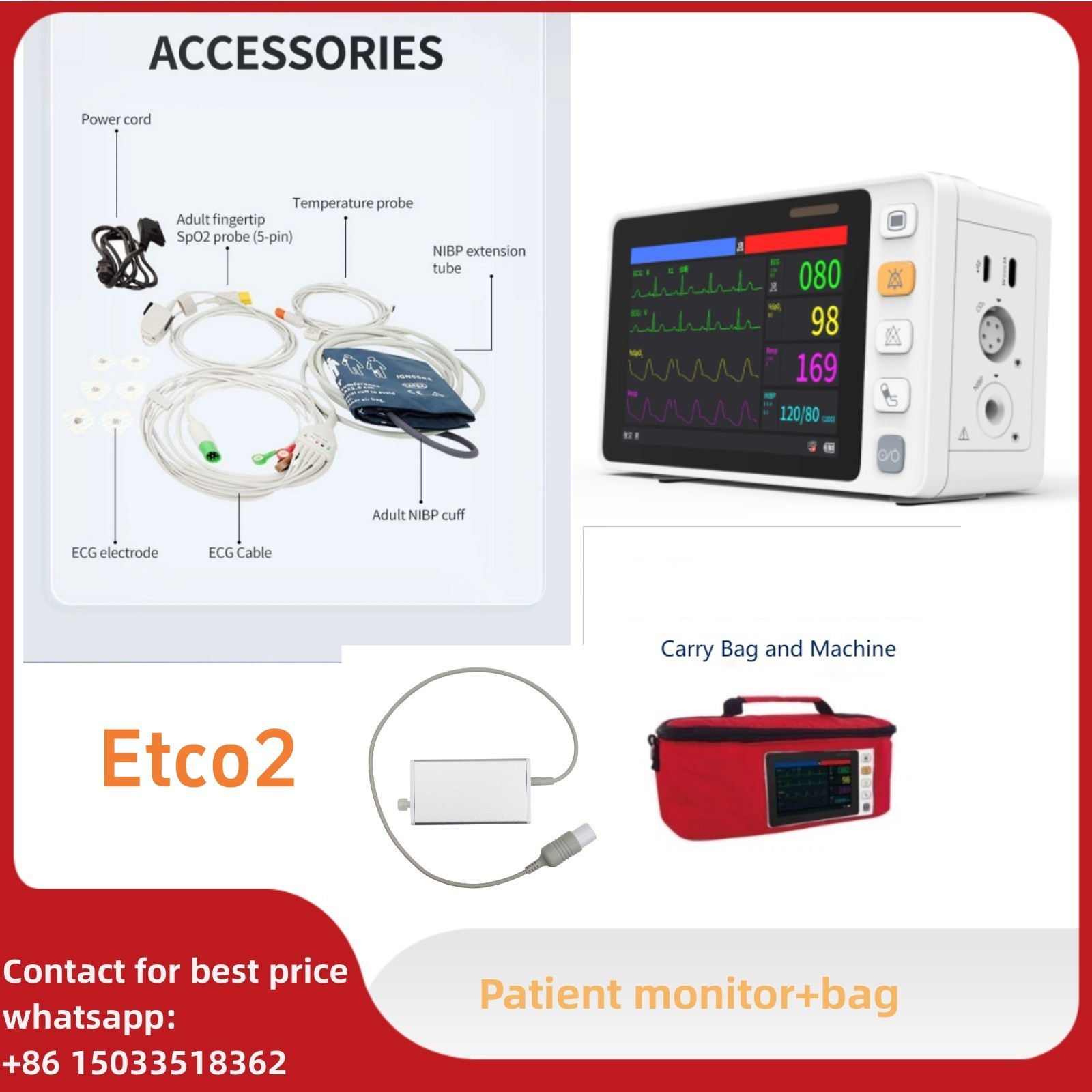 CO2 Portable Vital Signs  Patient Monitor ECG NIBP SpO2 Pulse rate +bag +Etco2