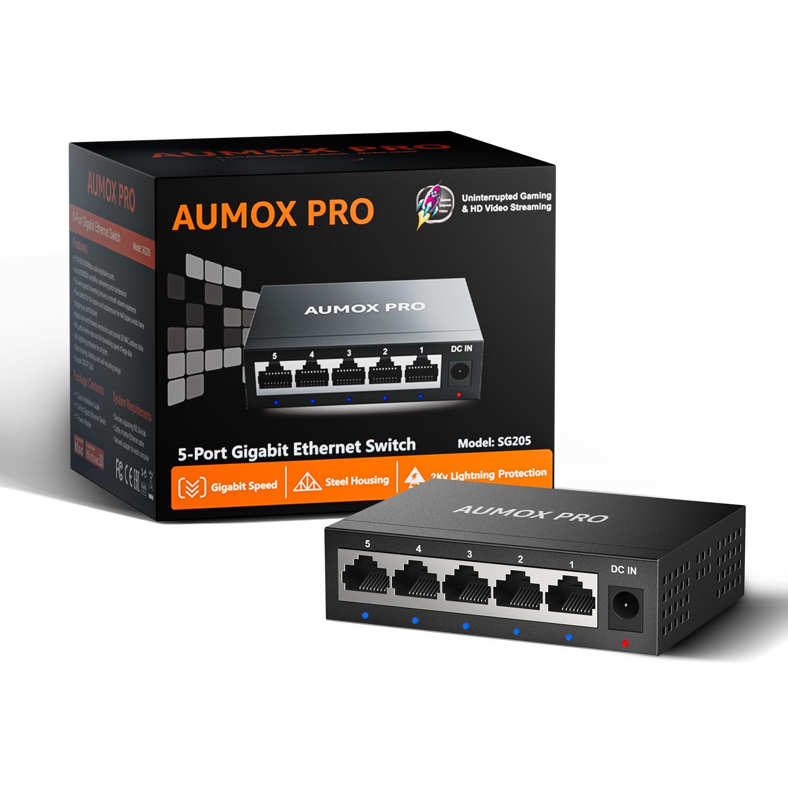 AUMOX 5Port Gigabit Ethernet Switch HighSpeed Fanless Metal Network Hub