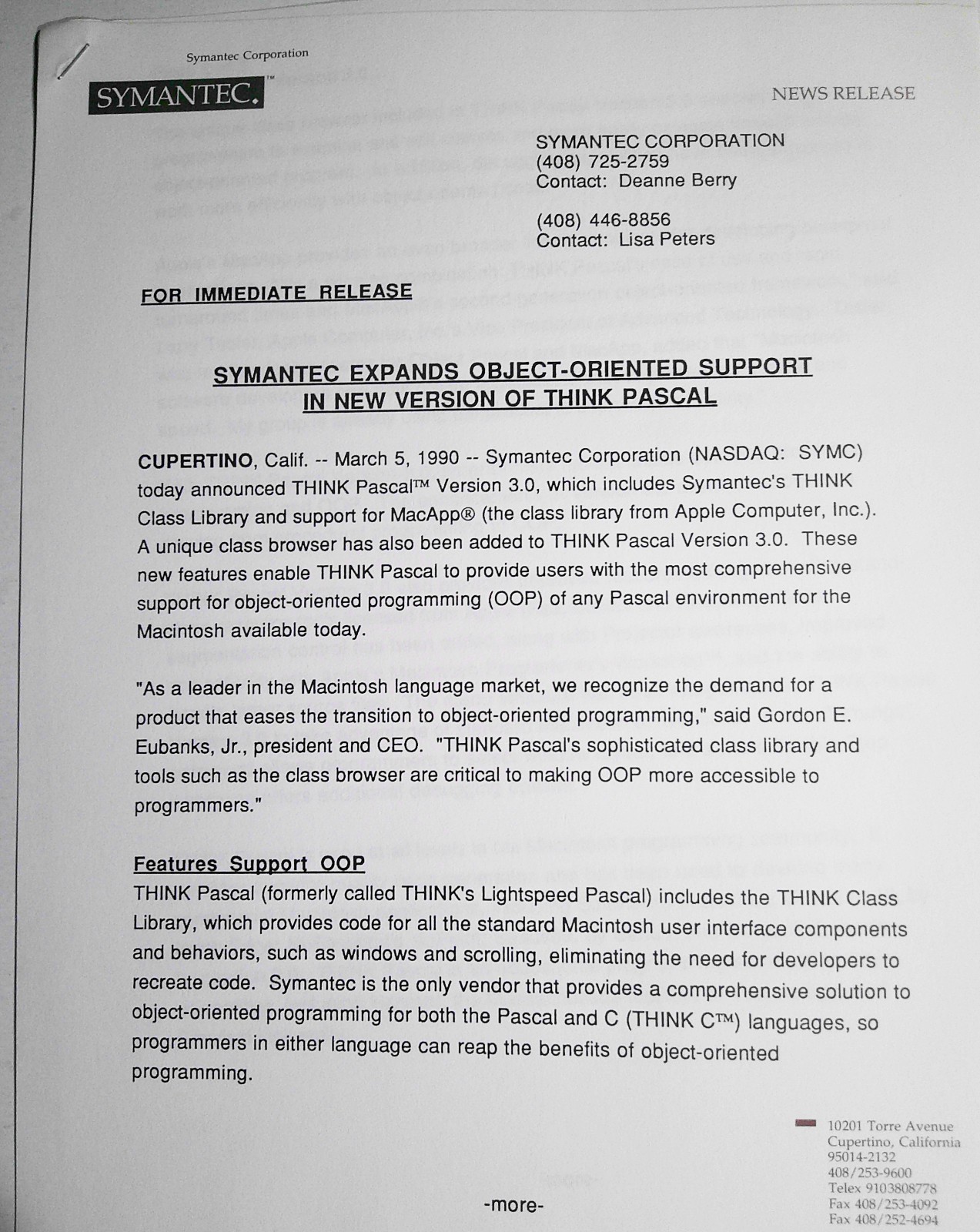 1990 Symantec Press Release - Object-Oriented support in THINK Pascal