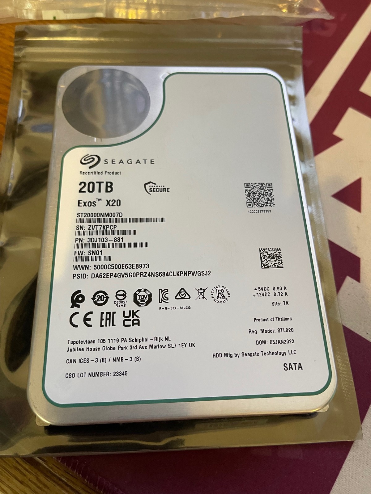Seagate Exos X20 7200RPM,SATA III SN:ZVT7KPCP 20TB HD - Recertified - Read Below