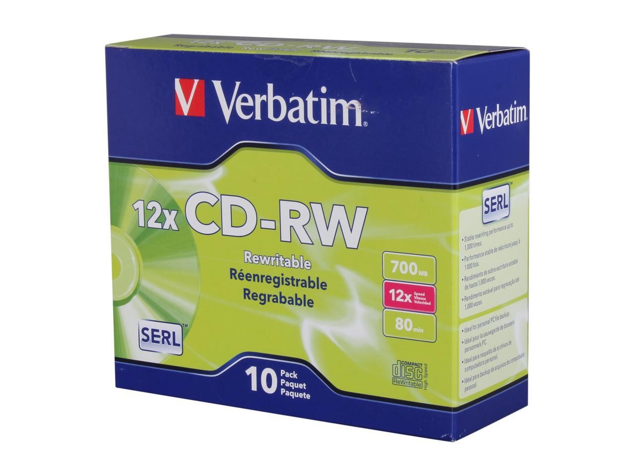 Verbatim 700MB 12X CD-RW 10 Packs Slim Jewel Case Disc Model 95156