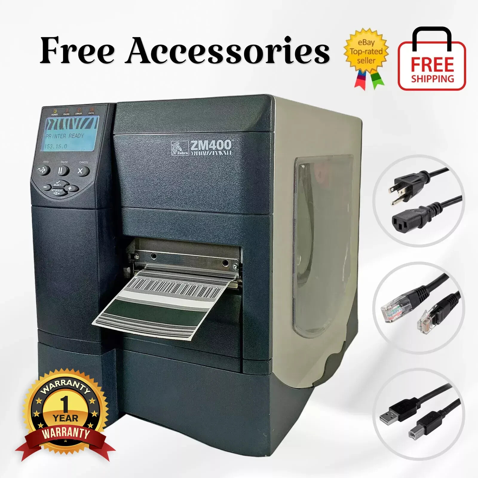 BUNDLE Zebra ZM400 Thermal Transfer Label Printer USB LAN Serial 1 YR WARRANTY
