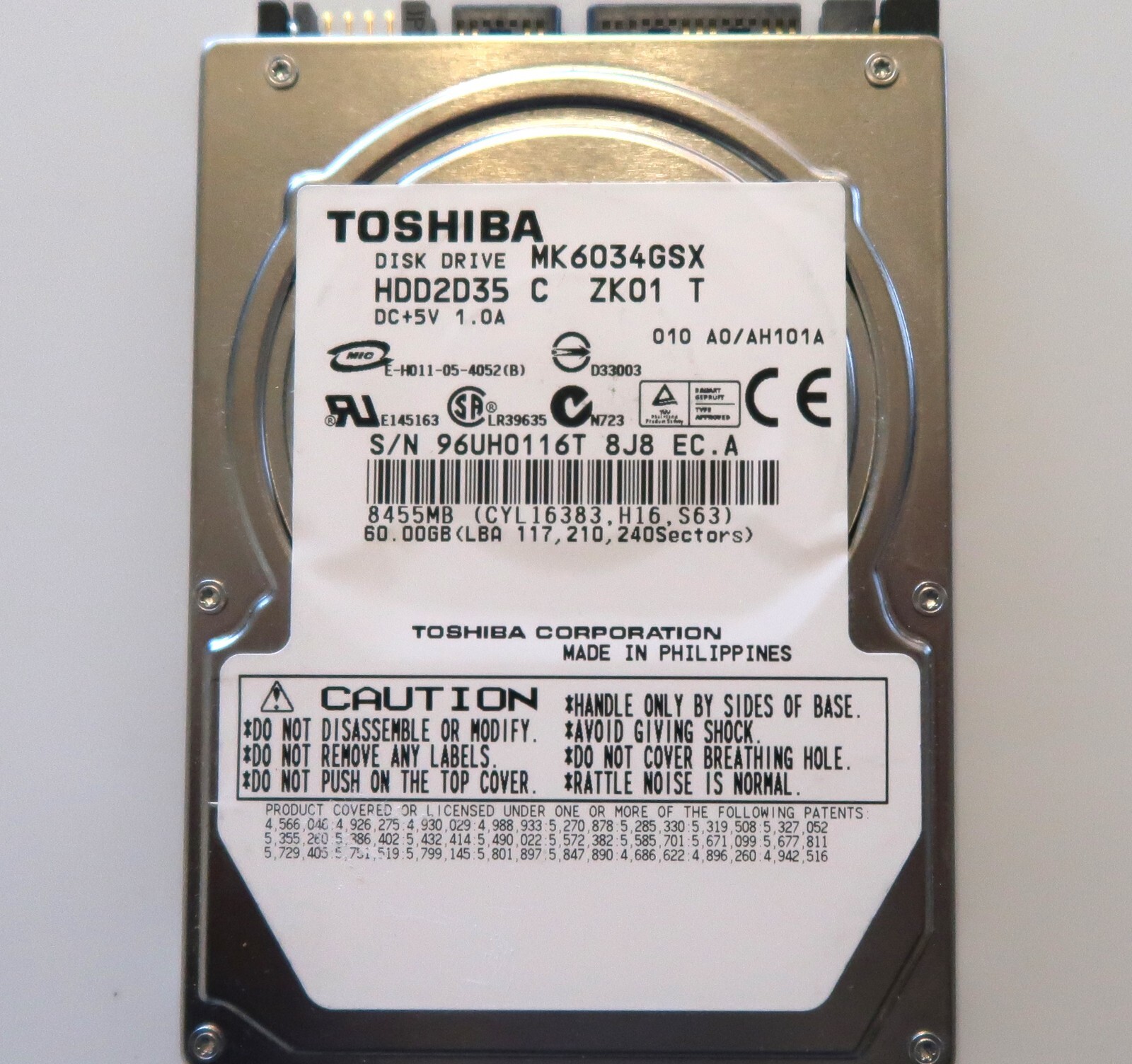 Toshiba MK6034GSX (HDD2D35 C ZK01 T) 010 A0/AH101A Philippine 60gb 2.5" Sata HDD