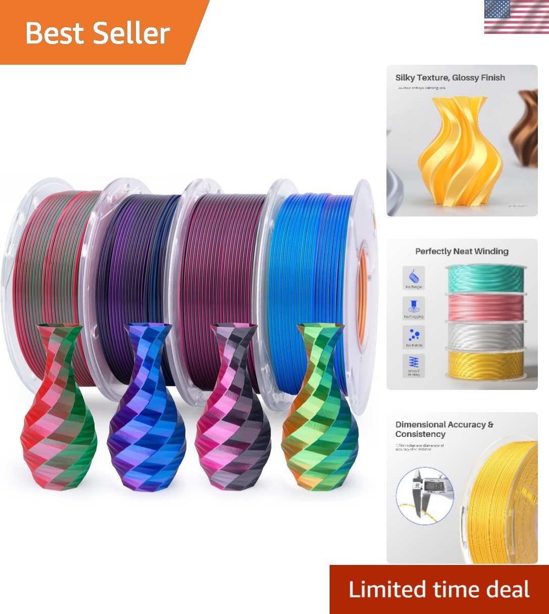 Silk PLA 3D Printer Filament Bundle, Shiny Dual Color PLA Filament 1.75mm Pac...