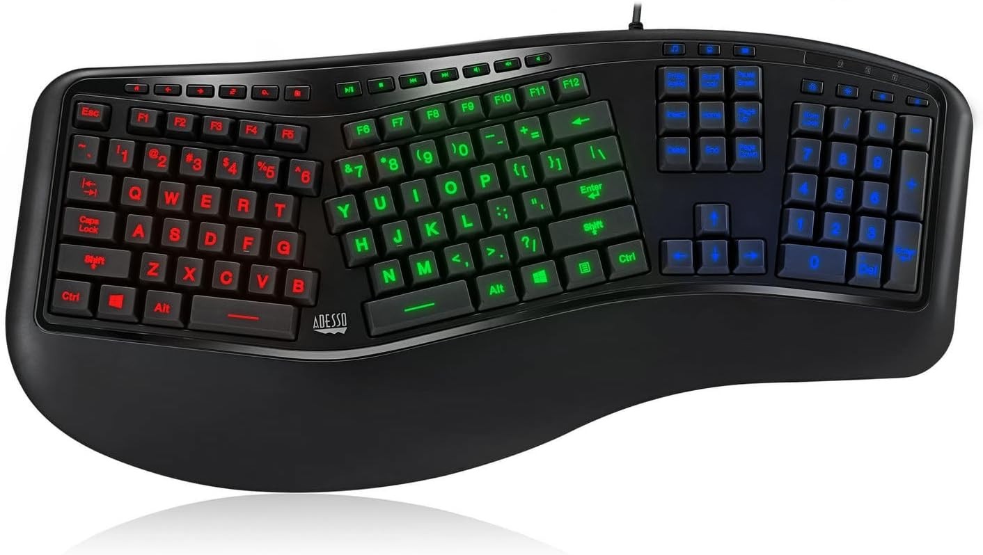 ✨Adesso Tru-Form 150 3-Color Illuminated Ergonomic Keyboard AKB-150EB