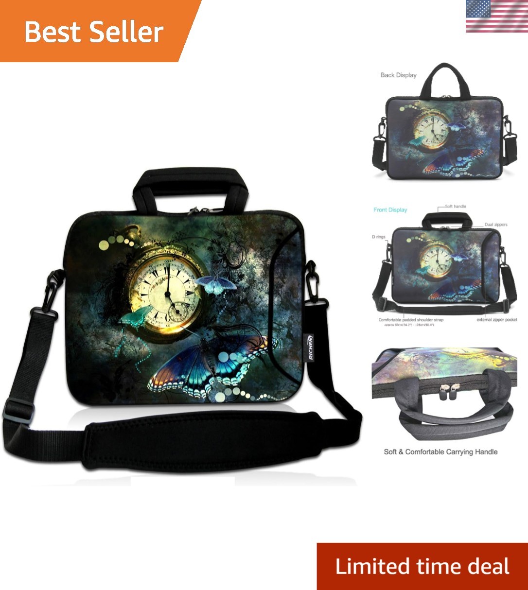 Elegant 17.3 Inch Laptop Shoulder Bag in Clock & Butterfly Design - Waterproo...