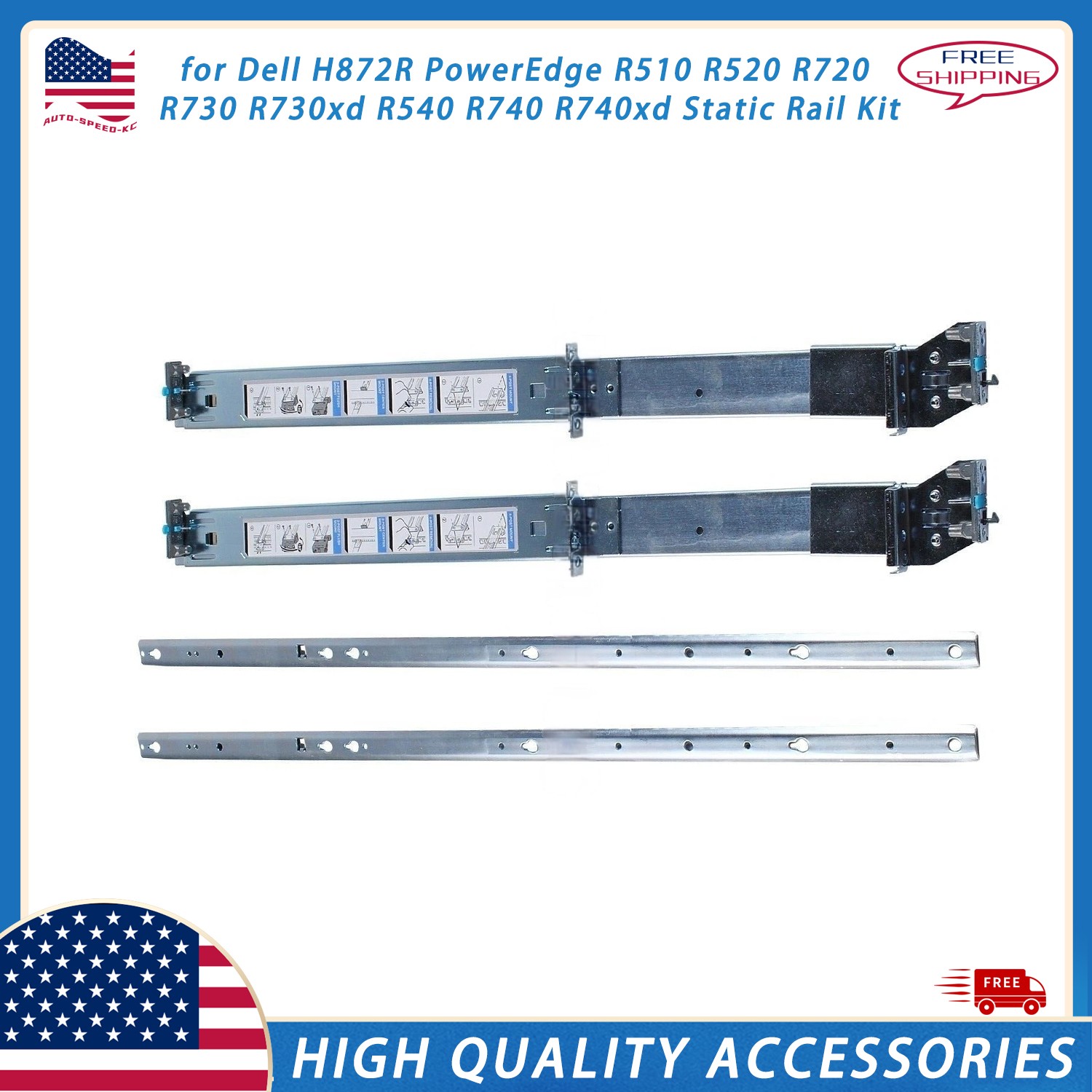 H872R 2U Rack Rail Kit for Dell PowerEdge R520 R720 R730 R730xd R540 R740 R740xd