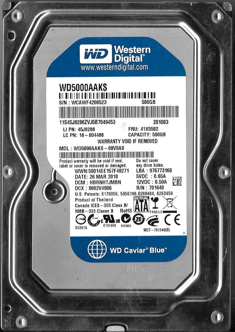 Western Digital WD5000AAKS-08V0A0 500GB Sata Hard Drive DCM: HBRNHTJMBN
