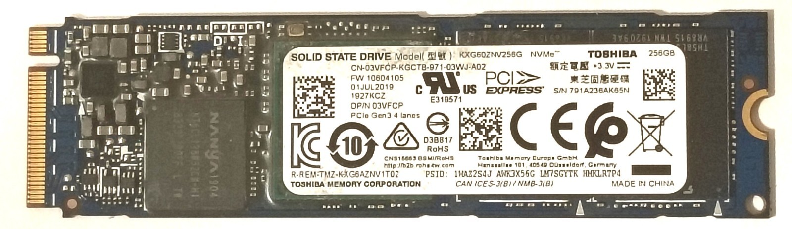 KXG60ZNV256G Toshiba 256GB M.2 22x80 NVMe PCIE Internal Solid State Drive