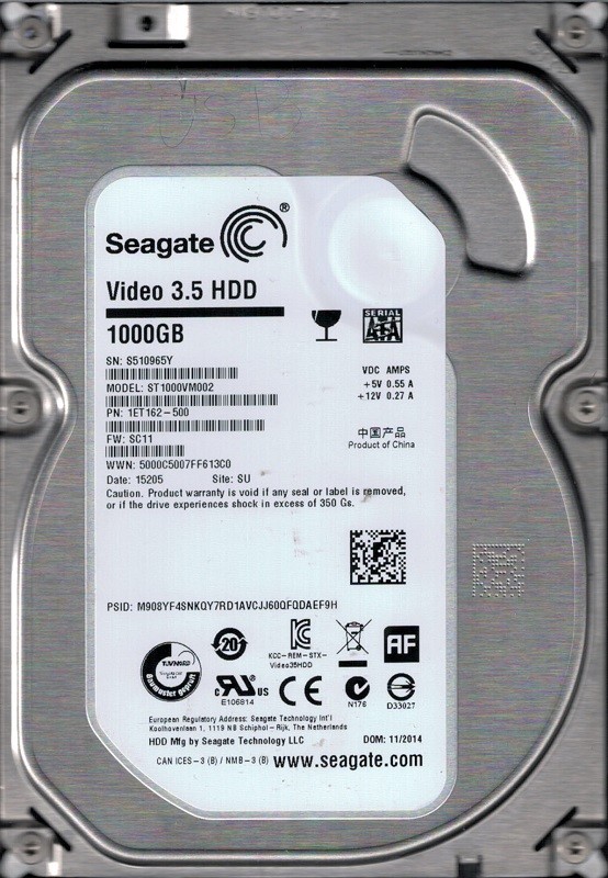 Seagate ST1000VM002 P/N: 1ET162-500 F/W: SC11 1TB SU S51