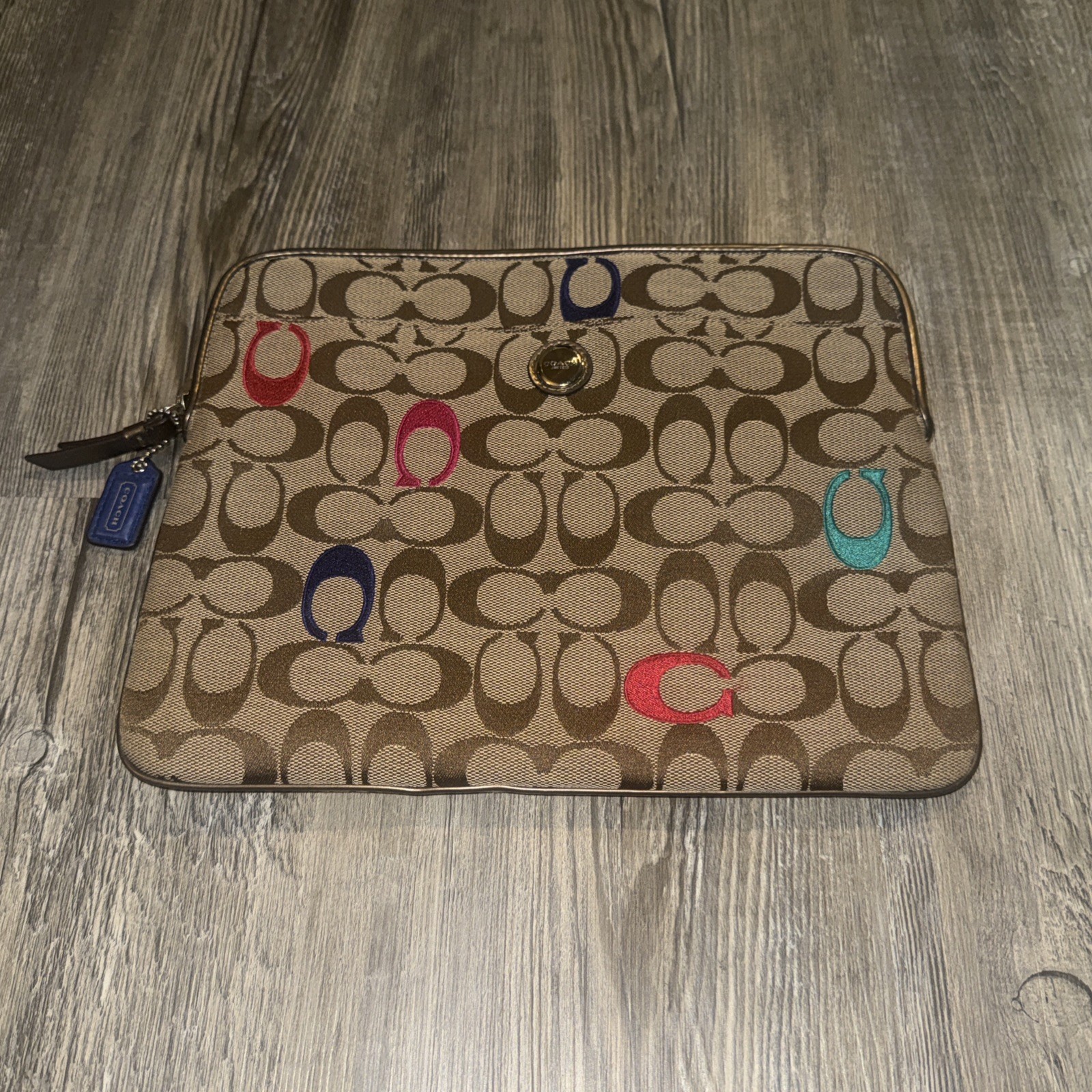 Coach Tablet Sleeve Signature iPad Zip Case Daisy Poppy Applique Khaki Brown