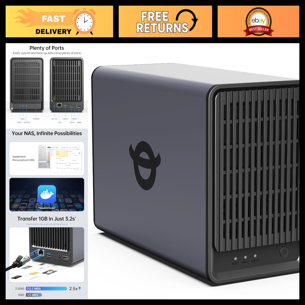 2-Bay Desktop NAS for Home & Personal Storage - Diskless Network Attached Storag