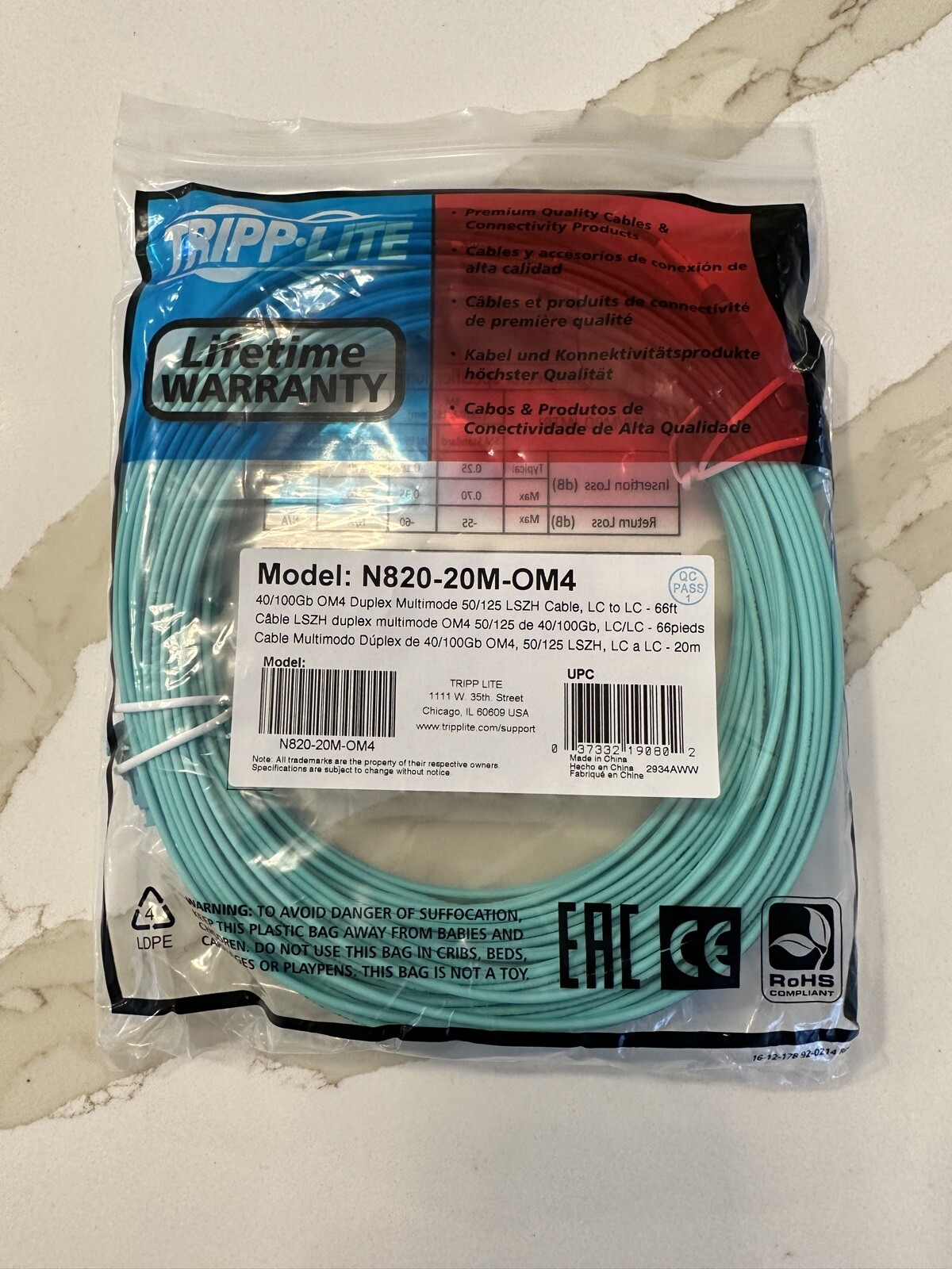 NEW Tripp Lite N820-20M-OM4 Fiber Optic Duplex Multimode 50/125 lSZH 40/100gb