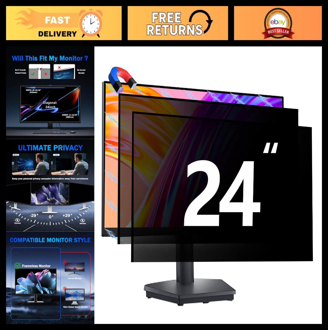 2 Pack 24" Magnetic Privacy Screen Filter for 16:9 Monitor, Anti-Glare, Blue Lig