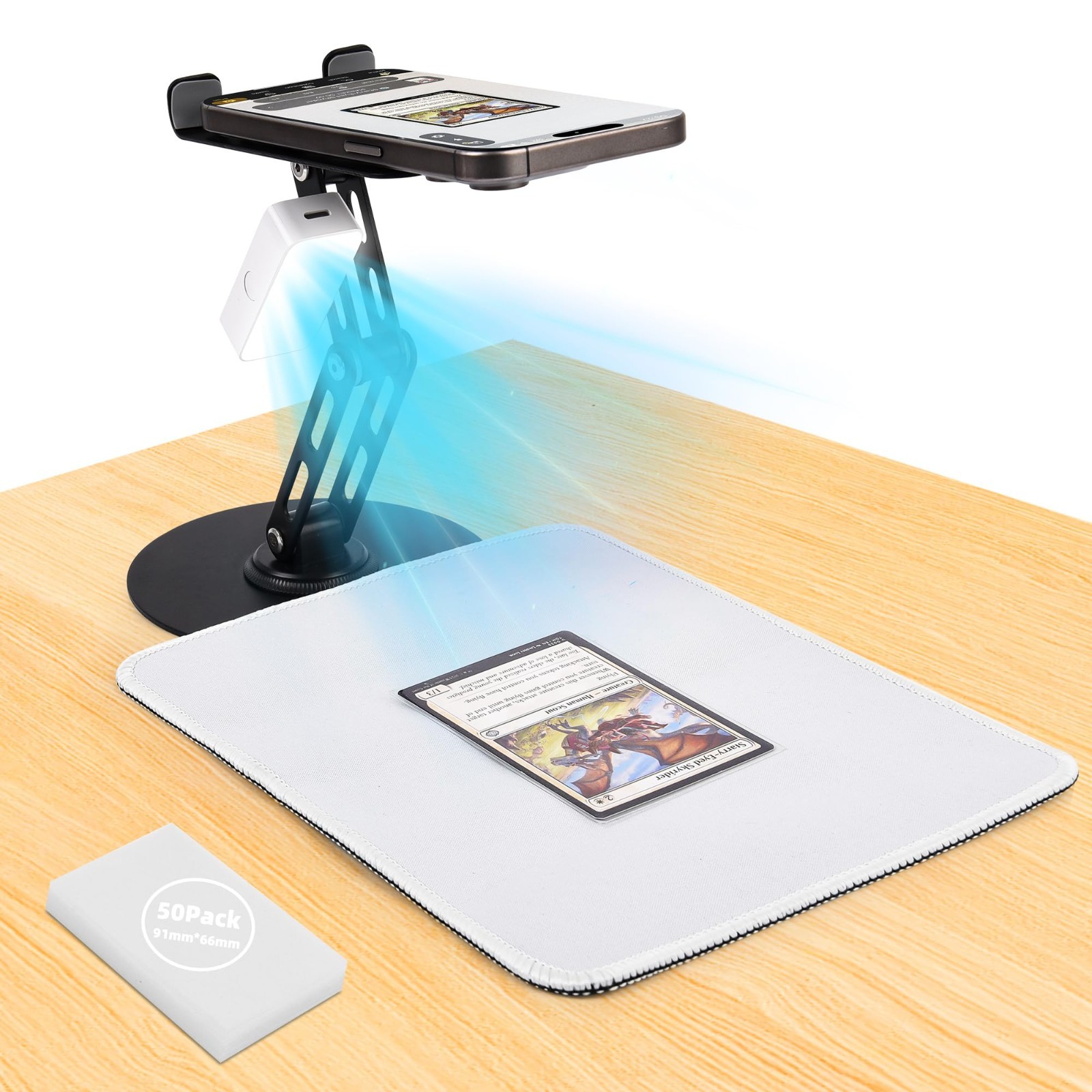 Trading Card Scanner Stand with Magnetic LED Light - Foldable Phone Holder for Q