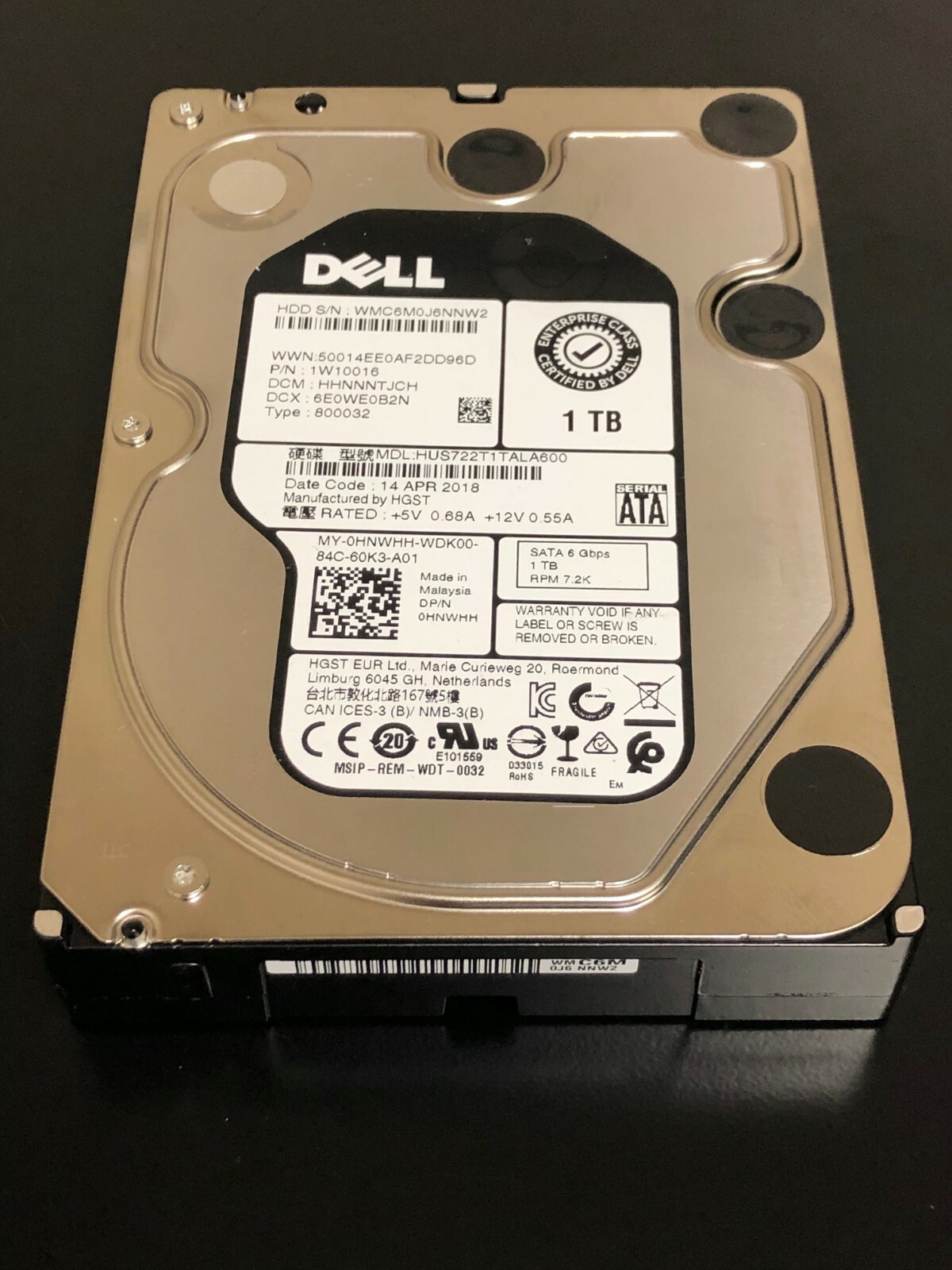 Dell Enterprise Sata Hard Drive 0HNWHH Dell HNWHH Dell 1TB Hard Drive 3.5" 6Gbps