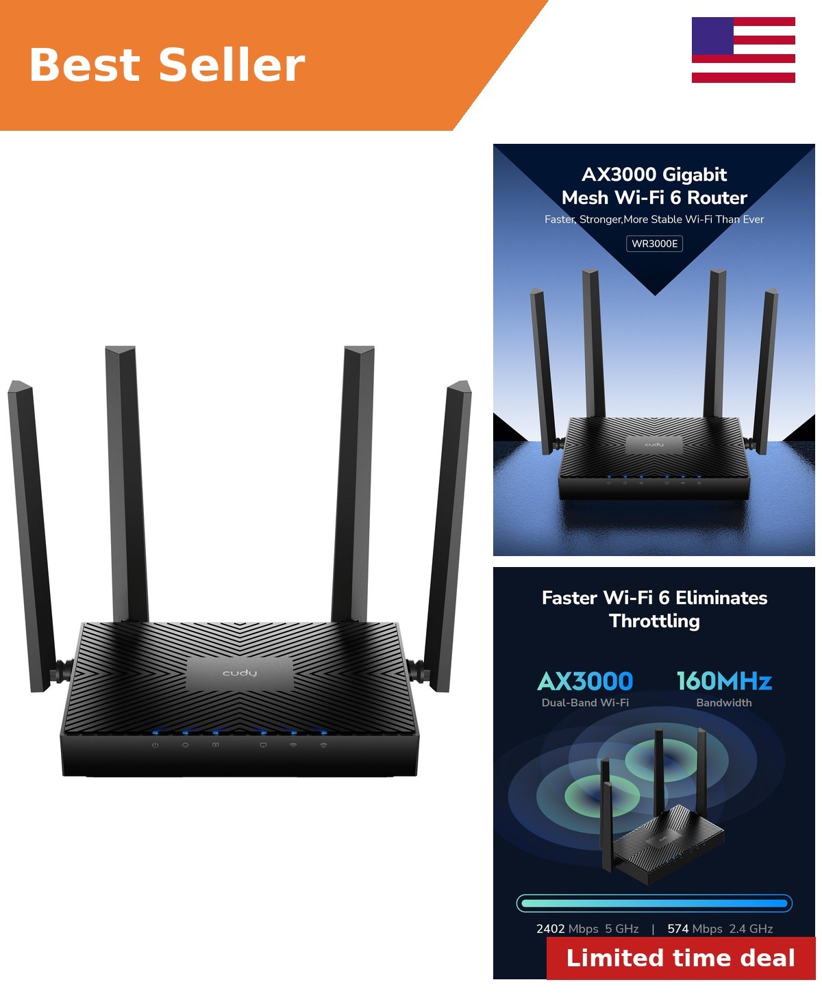 AX3000 Gigabit Mesh Wi-Fi 6 Router, 5X GbE, VPN, 1400 sq.ft, WR3000E