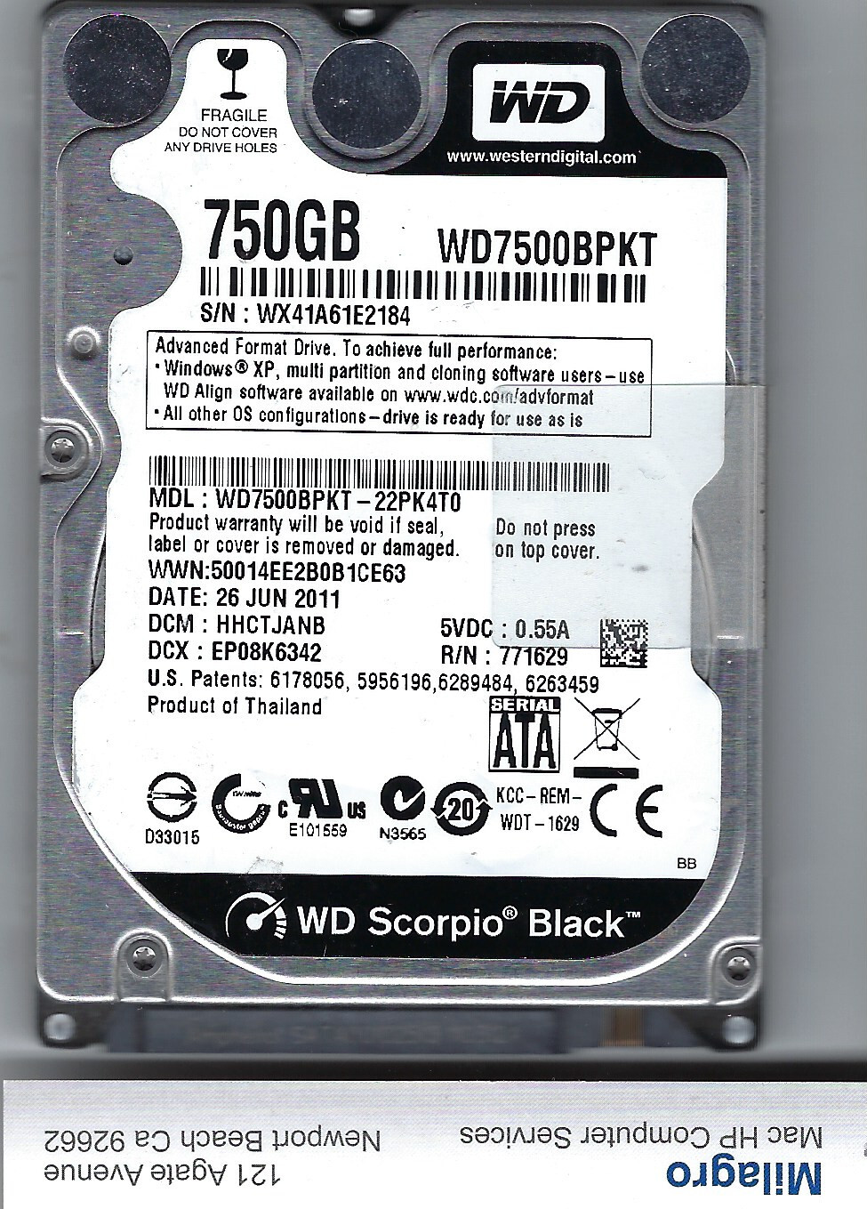 Western Digital 750GB WD7500BPKT-60PK4T0 DCM: HHCTJAN SATA 2.5" HDD Hard Drive