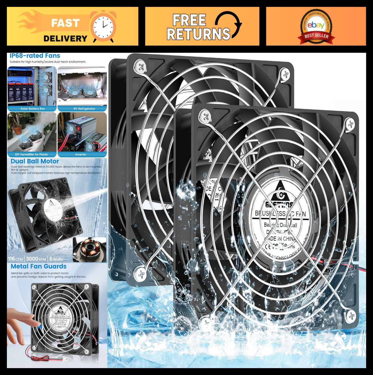120mm Waterproof Fan 12V DC High Speed Dual Ball Bearing 2-Pin IP68 Cooling
