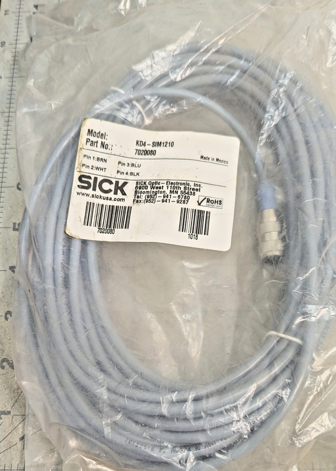 22 AWG/4 10 Meter (33ft.) CORDSET M12 FEMALE 4 PIN, STRAIGHT CONNECTOR SICK [B9B