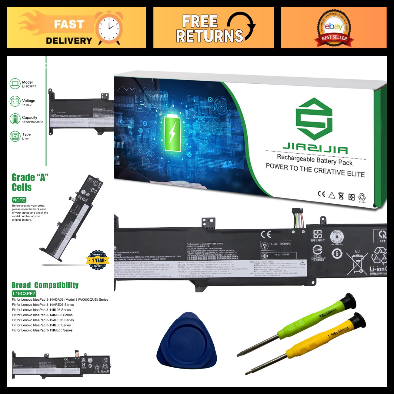 Laptop Battery Replacement for Lenovo IdeaPad 3 Series 11.34V 45Wh High Capacity
