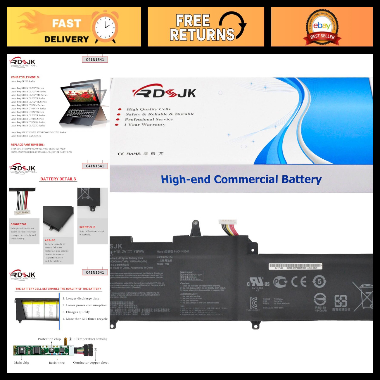 High-Performance Laptop Battery 15.2V 76Wh for ROG Strix GL702 GL703 Series